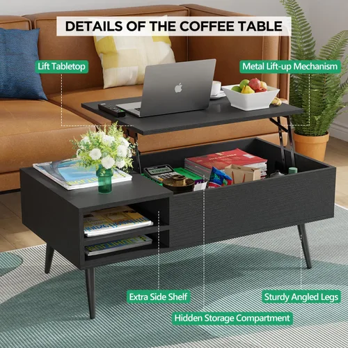 Miniatura 3 de PayLessHere Mesa auxiliar elevable de 39 pulgadas con almacenamiento ajustable y compartimento oculto, mesa de centro pequeña de madera