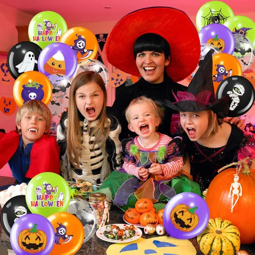 Miniatura 7 de Decoración de 50 globos de Halloween, adorables globos de látex de calabaza y araña espeluznante, fiesta de primer cumpleaños, suministros de ducha