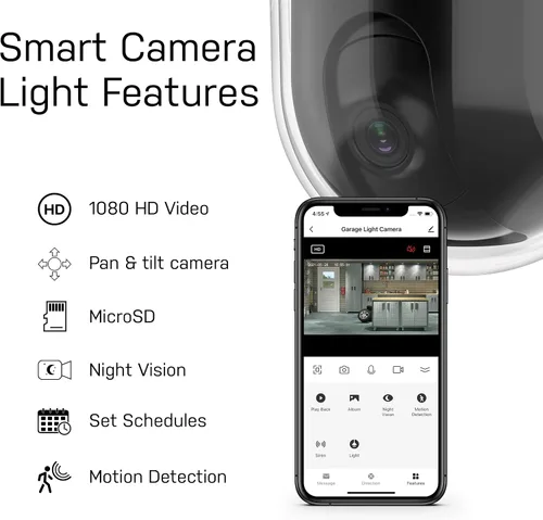 Miniatura 4 de Feit Electric Luz LED de techo de garaje con cámara, luz de garaje de seguridad inteligente WiFi 2.4GHz, base E26 atornillada, sensor de movimiento
