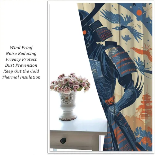 Miniatura 5 de Asian Japanese Samurai Blackout Curtains, Watercolor Floral Sun Mountain Art Style Window Drapes, for Kid Teens Boys Man Living Room Bedroom 42" W X
