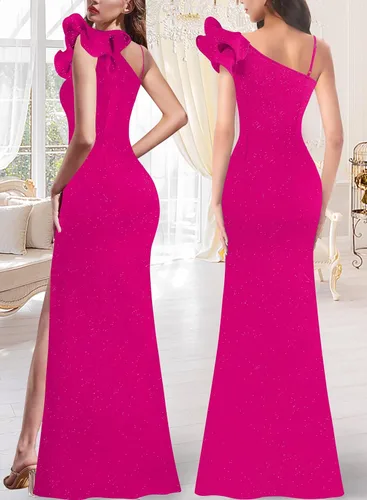 Miniatura 2 de VFSHOW Vestido largo con volantes y tirantes para mujer, fruncido, formal, para graduación, boda, cuello en V, elegante, dividido, cóctel, noche