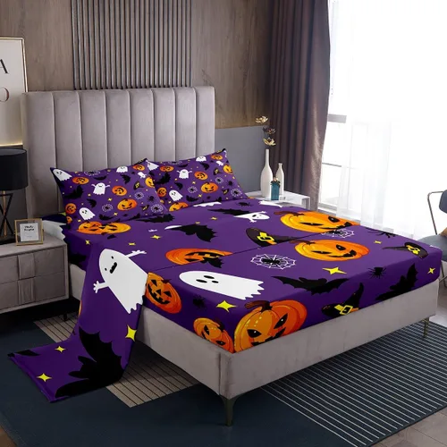 Miniatura 11 de Manfei Juego de sábanas de Halloween tamaño individual, juego de ropa de cama de farol de calabaza fantasmas para niños y niñas, decoración