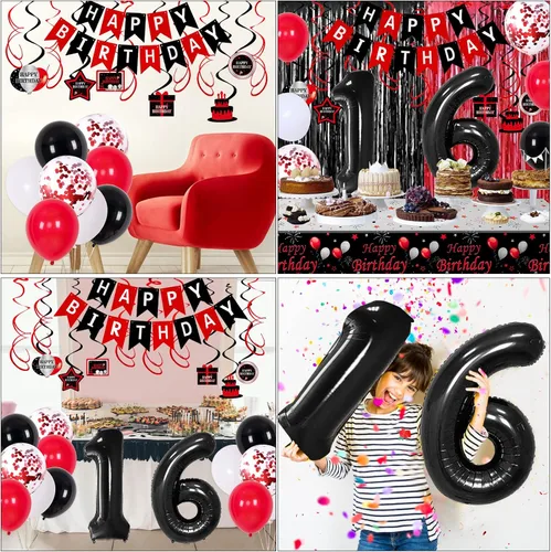 Miniatura 7 de Decoraciones de 16 cumpleaños para niños y niñas, Globos de fiesta de 16 rojos y negros, Bandera número 16, Globos colgantes en espiral, Mantel
