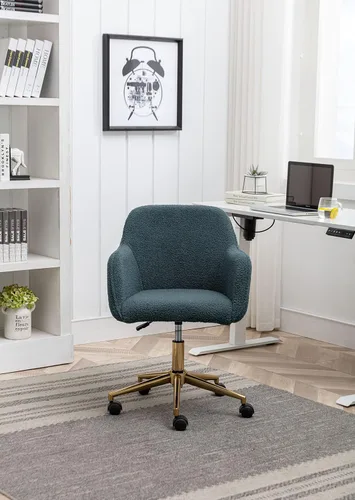 Miniatura 3 de Silla de oficina en casa, moderna silla de escritorio de tela de peluche copetuda con respaldo medio, silla giratoria ajustable para oficina