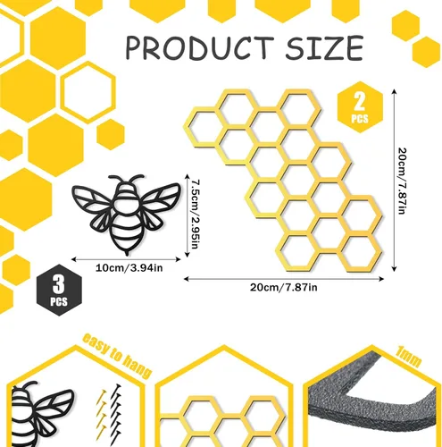Miniatura 2 de Peryiter 5 Piezas Arte de Pared de Abeja de Metal Granja Abeja Miel Nido de Abejas Decoración de Pared de Alambre de Metal Decoración de Pared