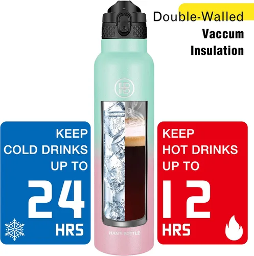 Miniatura 6 de Han's Bottle Botella de Agua Deportiva - 32 Oz, Tapa con Pajita, A Prueba de Fugas, Acero Inoxidable con Aislamiento al Vacío, Doble Pared, Taza