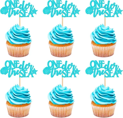 Miniatura 28 de 40 piezas comestibles bajo el mar, sirena, cupcakes, algas, pulpos, estrellas de mar, cupcakes, lindos animales del océano, selecciones de alimentos