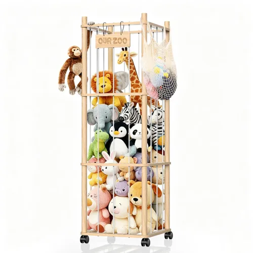 Organizador de almacenamiento de animales de peluche, soporte de zoológico de juguetes de madera con ruedas, torre de almacenamiento de gran