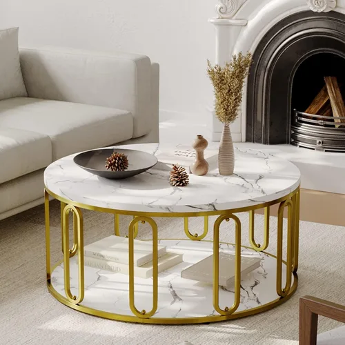 Miniatura 5 de Mesa de café redonda, mesa de madera con patrón de mármol y almacenamiento abierto redondo, patas sólidas de metal dorado para sala de estar