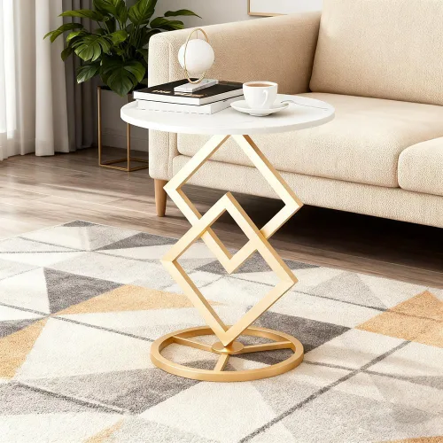 Miniatura 8 de Mesa auxiliar redonda bohemia para sala de estar, mesas auxiliares de escritorio de mármol natural con base floral de metal minimalista bohemio