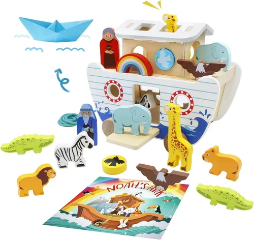 bpmfkid Juego de juguetes de madera del Arca de Noé, juguetes educativos de animales de madera para niños pequeños, juguetes educativos,