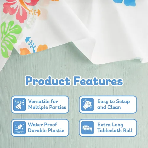 Miniatura 4 de Podzly Rollo de mantel tropical – Funda desechable de plástico de 100 pies para fiestas hawaianas, Luau, Tiki, Aloha, verano. Duradero, impermeable