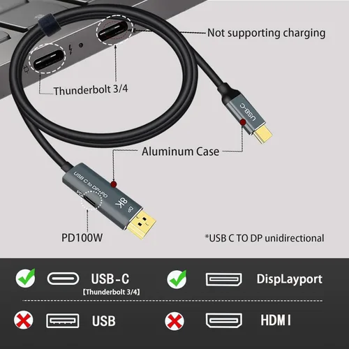 Miniatura 2 de Cable USB C a DisplayPort 1.4 de 3.3 pies con puerto hembra PD de 100 W [HDR, 8K @60Hz, 4K @144Hz, 2K @240Hz], cable tipo C a DP1.4, compatible