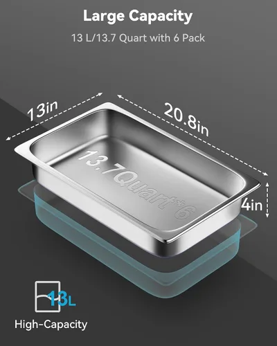 Miniatura 3 de ZeroPone Paquete de 6 sartenes de hotel, sartén de mesa de vapor de acero inoxidable de tamaño completo de 4" de profundidad, 20.8" de largo x 12.8