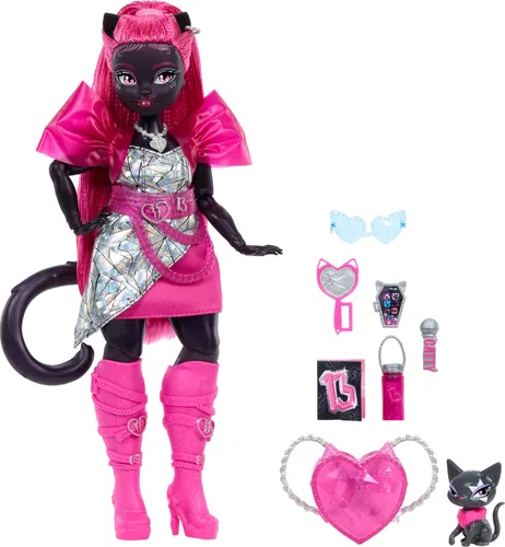 Miniatura 5 de Muñeca Monster High Catty Noir con gato mascota Amulette y accesorios como mochila, libro de música, micrófono y más