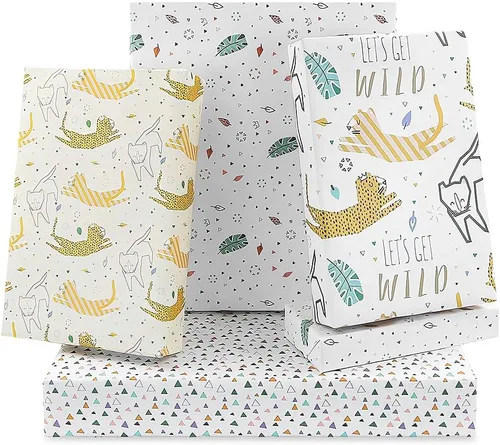 Go Wild Safari Jungle Animals Leopard Cats Monstera Leaf Papel de regalo Hojas planas (4 hojas, 4 diseños: 15 pies cuadrados ttl)-Para niñas y