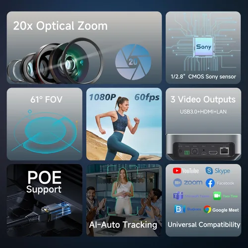 Miniatura 2 de Cámara PTZ de seguimiento automático AI 20x Zoom óptico HDMI USB IP Cámara de transmisión en vivo 1080P 60fps Sistema de videoconferencia POE
