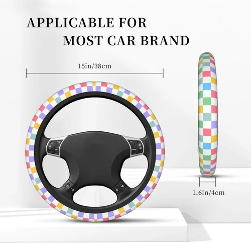 Miniatura 3 de Funda de volante a cuadros para mujeres, funda universal para volante de automóvil de 14-15 pulgadas, accesorios interiores para automóvil, con 2