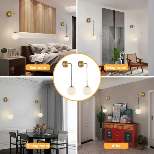 Miniatura 4 de KCO Lighting Juego de dos apliques de pared de vidrio blanco esmerilado con globo esférico dorado de latón, luz de pared con cable ajustable