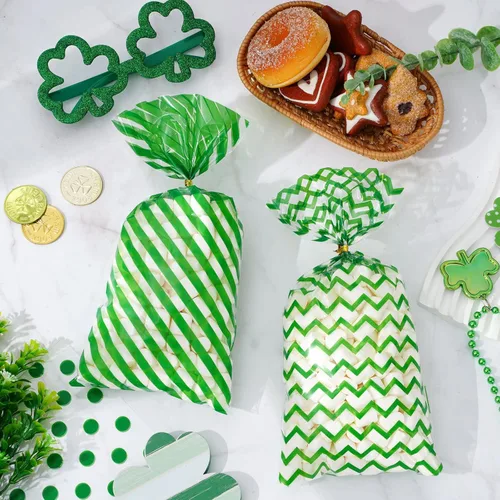 Miniatura 5 de Whaline 160 bolsas de celofán verde, bolsas de regalo para el día de San Patricio, bolsas de regalo transparentes verdes y blancas con rayas Rosado