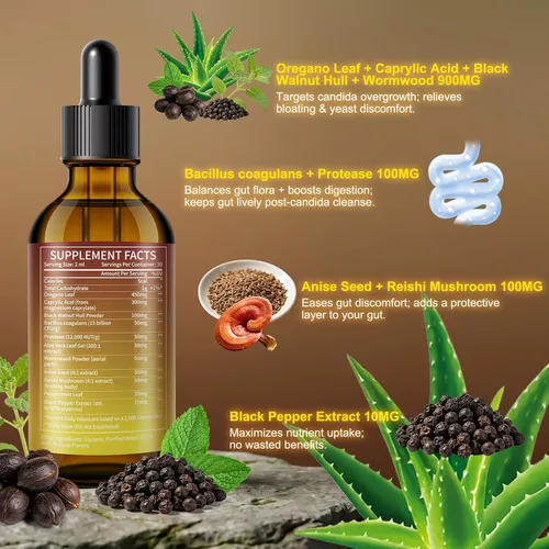 Miniatura 6 de Candida Cleanse Detox Fórmula de triple orientación potenciada con pimienta negra con ácido caprílico, orégano, nogal negro, salud intestinal