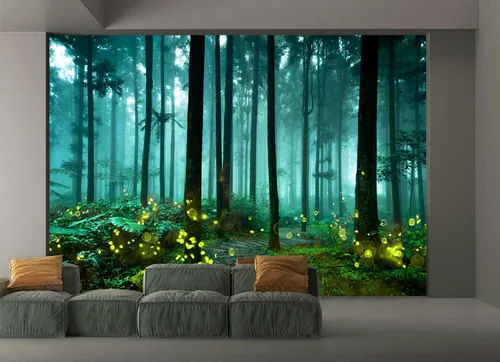 Miniatura 6 de YQWDMX - Papel pintado con bosque de pinos brumosos y mural dorado para dormitorio (no despegar y pegar)