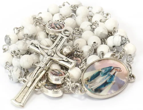 Miniatura 2 de Nazareth Store Cuentas de piedra natural con corazón de epoxi milagroso, cuentas de metal, collar de rosario, regalos cristianos de piedras preciosas