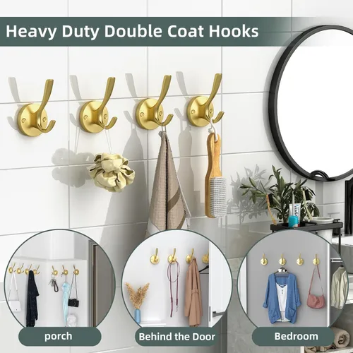 Miniatura 7 de Paquete de 4 ganchos dorados para toallas, ganchos de pared dorados cepillados, ganchos de metal resistentes para colgar abrigos y sombreros, gancho