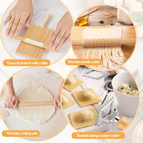 Miniatura 3 de Tioncy Juego de 7 piezas de herramientas para hacer pasta con tabla de gnocchi de madera, sello para raviolis, fabricante de raviolis y rodillo