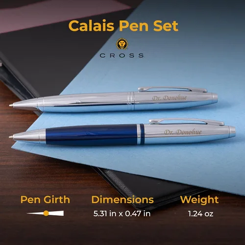 Miniatura 5 de Dayspring Pens Cross Calais - Juego de bolígrafos dobles personalizados, 1 bolígrafo cromado y 1 azul