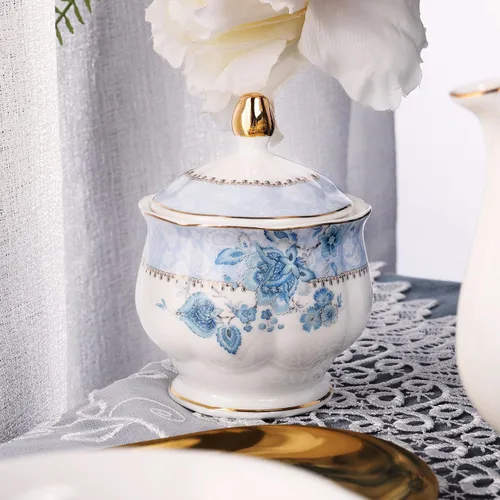 Miniatura 8 de fanquare Juego de té de porcelana con flores azules, juego de taza de té y platillo para 6, juego de té de boda con jarra de crema, juego de café