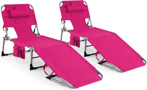 Miniatura 14 de Tangkula Silla de bronceado con agujero frontal, plegable y ajustable para patio, silla reclinable, para playa, tomar el sol, con bolsillo lateral