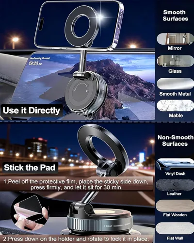 Miniatura 3 de Soporte magnético de teléfono al vacío para automóvil, soporte magnético fuerte de 2800 gf, ventosa ajustable y reforzada de 360°