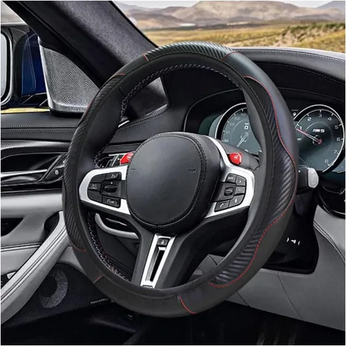 Miniatura 3 de Funda para volante de automóvil, protector de volante elástico de cuero de fibra de carbono de 15 pulgadas, antideslizante, transpirable y suave