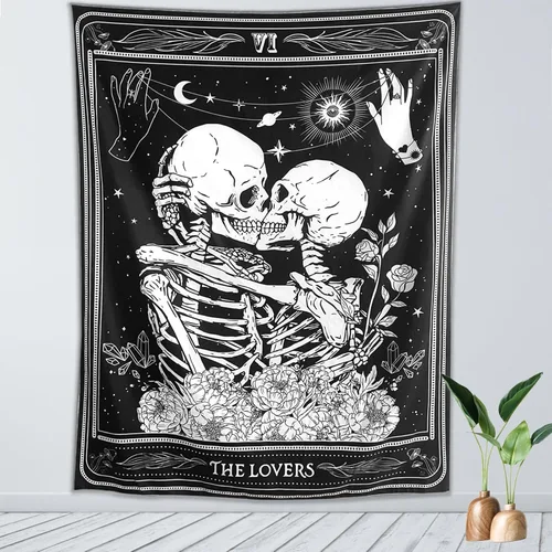 KJHL The Lovers - Tapiz de calavera para colgar en la pared, tapiz gótico negro de bruja, tapiz de esqueleto vertical oscuro, tapices estéticos para