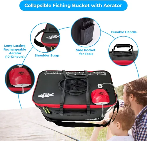 Miniatura 3 de Fishernomics Cubo de pesca plegable con bomba de aire, cubo de cebo vivo con aireador (6 galones/10 galones), a prueba de fugas con bolsillo lateral