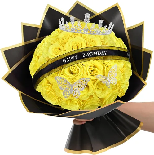 Miniatura 10 de Waipfaru Ramo de rosas con purpurina, regalos de cumpleaños para mujeres y madres, ramo de flores falsas con letreros de cumpleaños, 36 rosas negras
