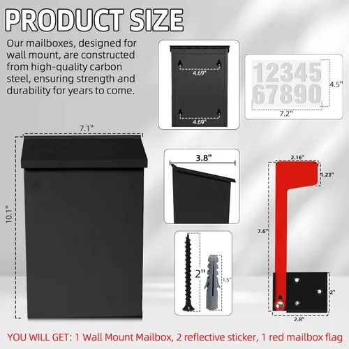 Miniatura 2 de TonGass Buzón de pared de 7.1 x 10.1 x 3.8 pulgadas para casa con bandera y calcomanías de números, buzones para montaje en pared exterior