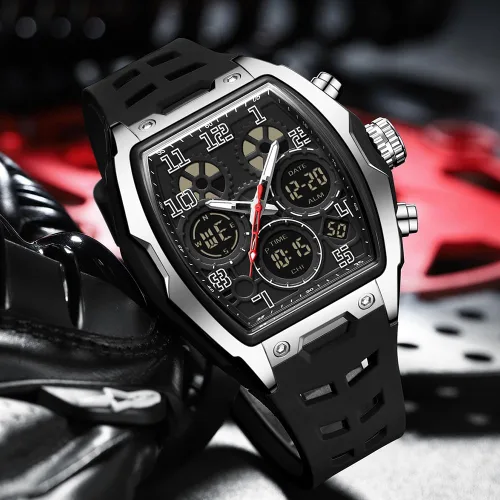 Miniatura 5 de FANMIS Reloj para hombre de moda hueco único rectángulo reloj de pulsera impermeable deportivo digital analógico doble pantalla cronómetro punk