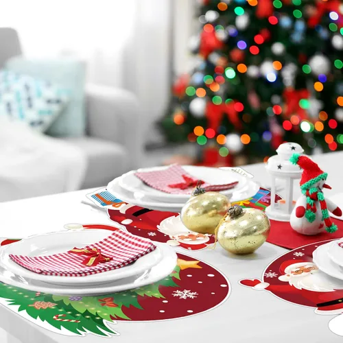Miniatura 6 de Juego de 6 manteles individuales de plástico de Navidad, manteles individuales Claus, manteles de mesa de Navidad, decoración temática de Navidad