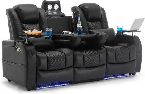 Miniatura 10 de Airadlis Asientos de cine en casa, sillas de cine de doble potencia, sofá reclinable de teatro con iluminación ambiental de 7 colores, almohada