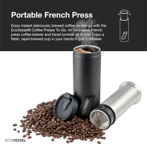 Miniatura 2 de EcoVessel Prensa francesa de viaje, cafetera portátil, prensa de café aislada de acero inoxidable, botella reutilizable de una sola porción para uso