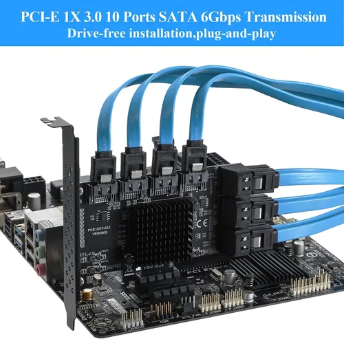 Miniatura 4 de Tarjeta de expansión PCIe 1 x SATA (10 puertos), tarjeta de expansión PCIe con controlador SATA 3.0 de 6 Gbps, no RAID, incluye soporte de perfil