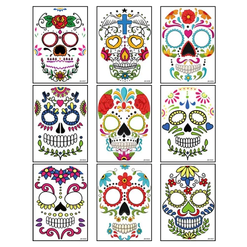 Miniatura 6 de Hying 9 tatuajes temporales del Día de los Muertos, tatuajes de esqueleto de Halloween, tatuajes faciales de calavera floral de azúcar, calcomanías
