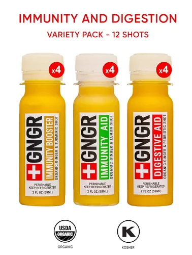 Miniatura 4 de +GNGR Paquete variado de 12 chupitos de jengibre orgánico. Prensado en frío, sin conservantes. Jugo de jengibre, raíz de cúrcuma, jugo de limón