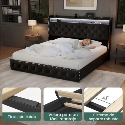 Miniatura 9 de LARMACE Base de cama tamaño King con 4 cajones de almacenamiento, base de cama tapizada de terciopelo, plataforma King con luces LED y estación