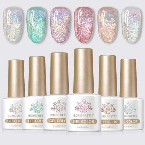 Miniatura 14 de Born Pretty Esmalte de uñas de gel con purpurina reflectante, 6 colores de primavera y verano, esmalte de gel holográfico de larga duración, juego