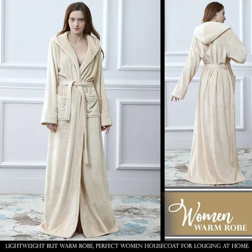 Miniatura 4 de Hellomamma Bata larga con capucha para mujer, lujosa franela de forro polar, bata de baño de longitud completa, pijama cálida de invierno, camisón