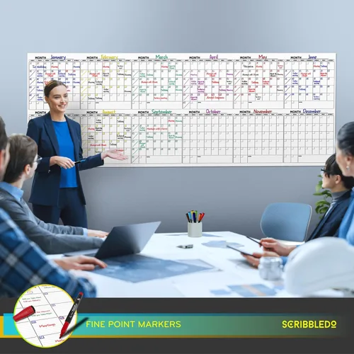 Miniatura 5 de Planificador mensual de borrado en seco extra grande de 100"x36" – Calendario de pizarra blanca de 12 meses incluye 6 marcadores de pizarra blancos