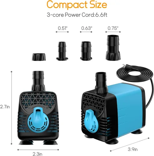 Miniatura 4 de POPOSOAP Bombas de agua para acuario de 280 GPH, bomba de fuente de elevación de 6.5 pies ajustable, bomba de agua sumergible ultra silenciosa de 20